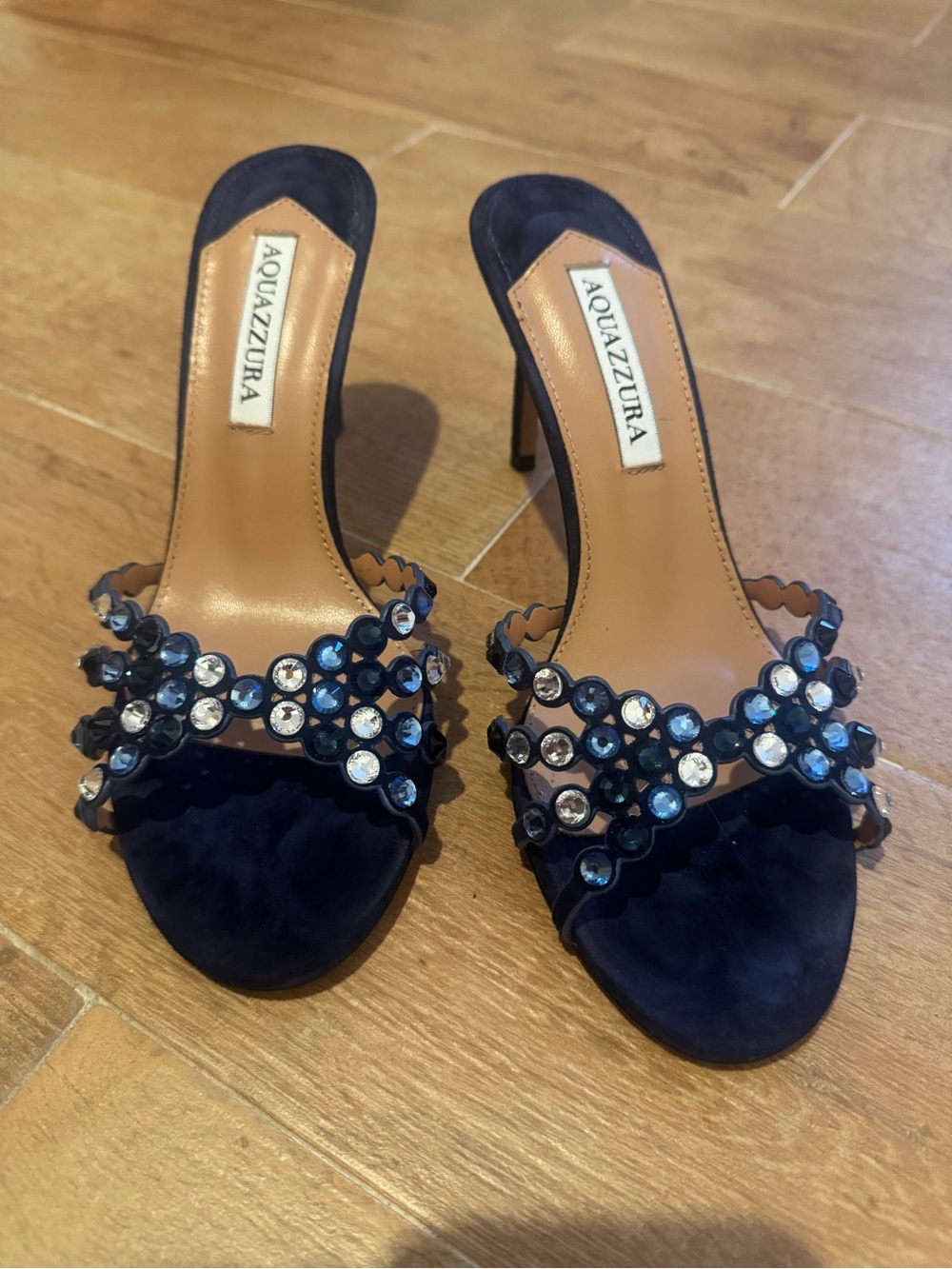 Aquazzura Navy Suede Crystal-Embellished High-Heel Slides